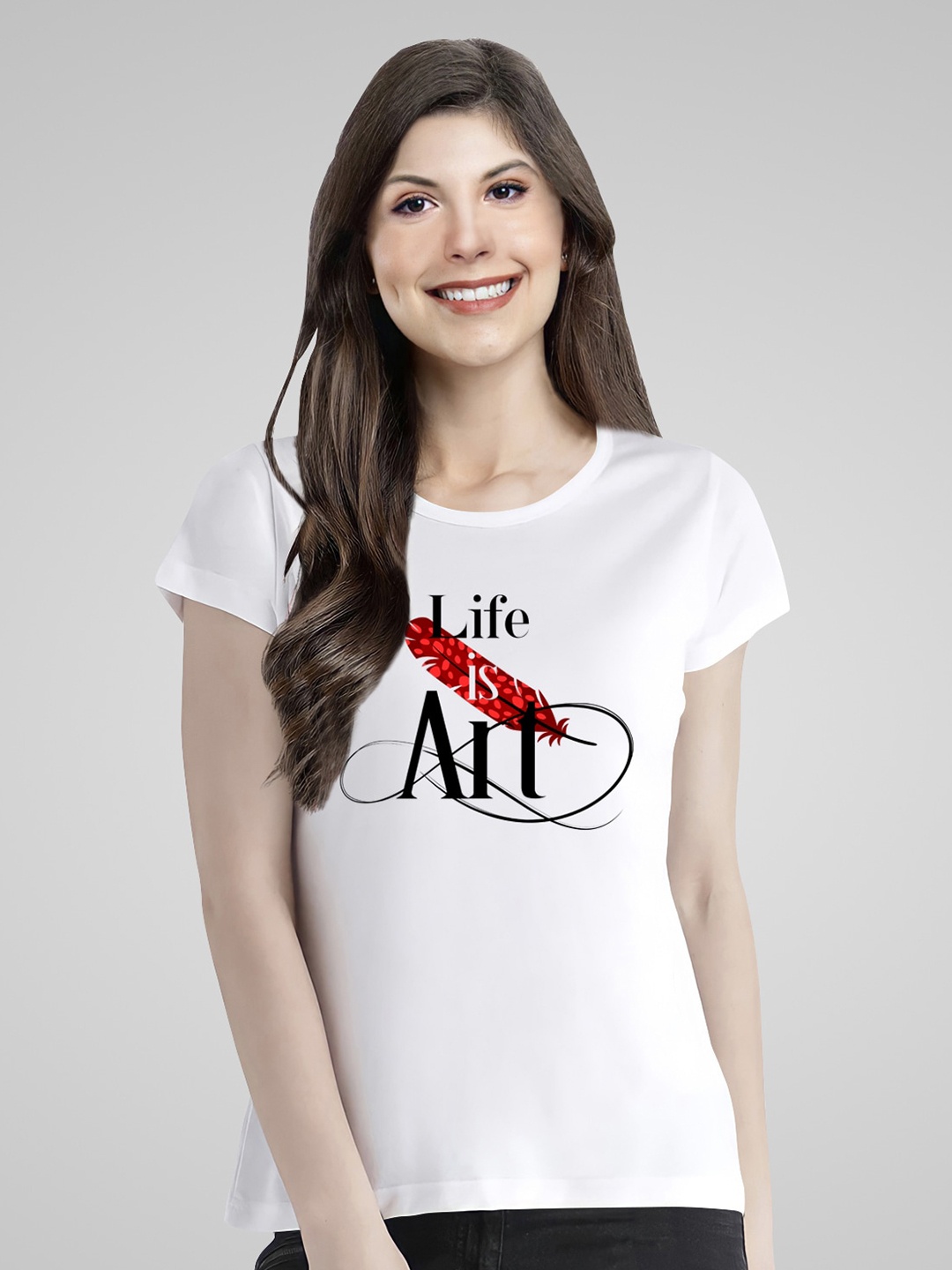 

Pootlu Women White Typography Printed Extended Sleeves Applique T-shirt