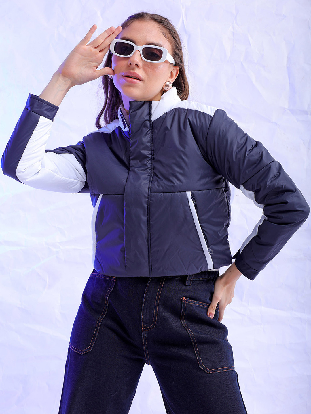 

Freehand by The Indian Garage Co Women Striped Crop Padded Jacket, Blue