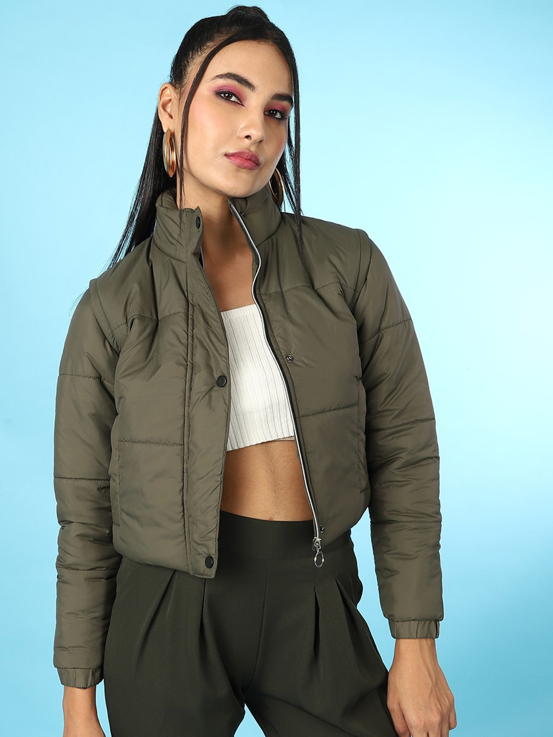 

Freehand by The Indian Garage Co Mock Collar Crop Padded Jacket, Olive