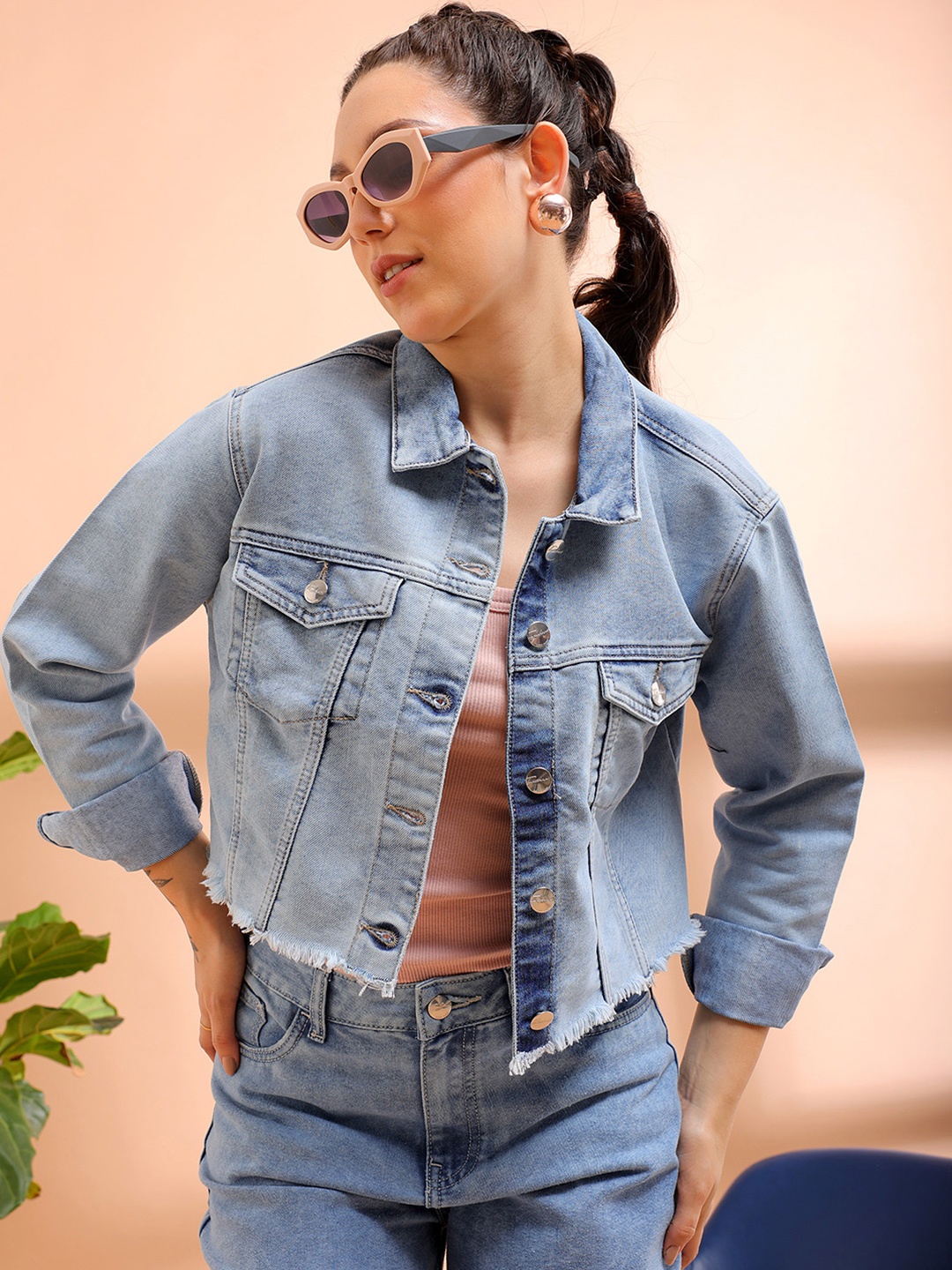 

Freehand by The Indian Garage Co Washed Cotton Crop Denim Jacket, Blue