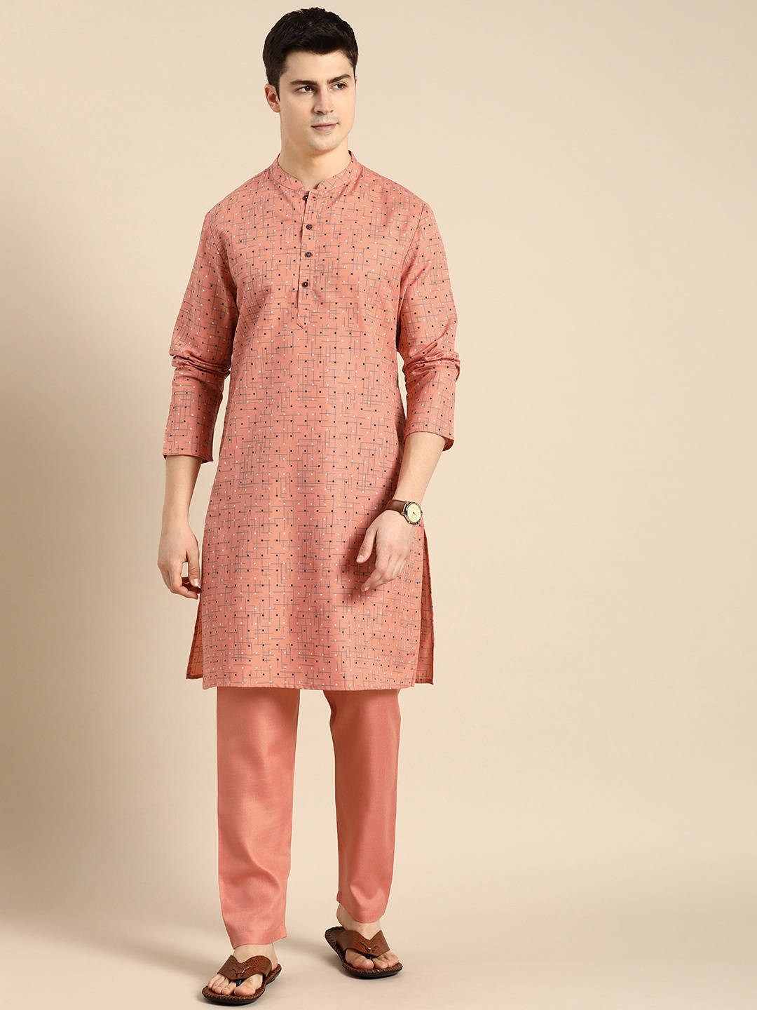 

Anouk Men Geometric Printed Regular Kurta with Trousers, Peach