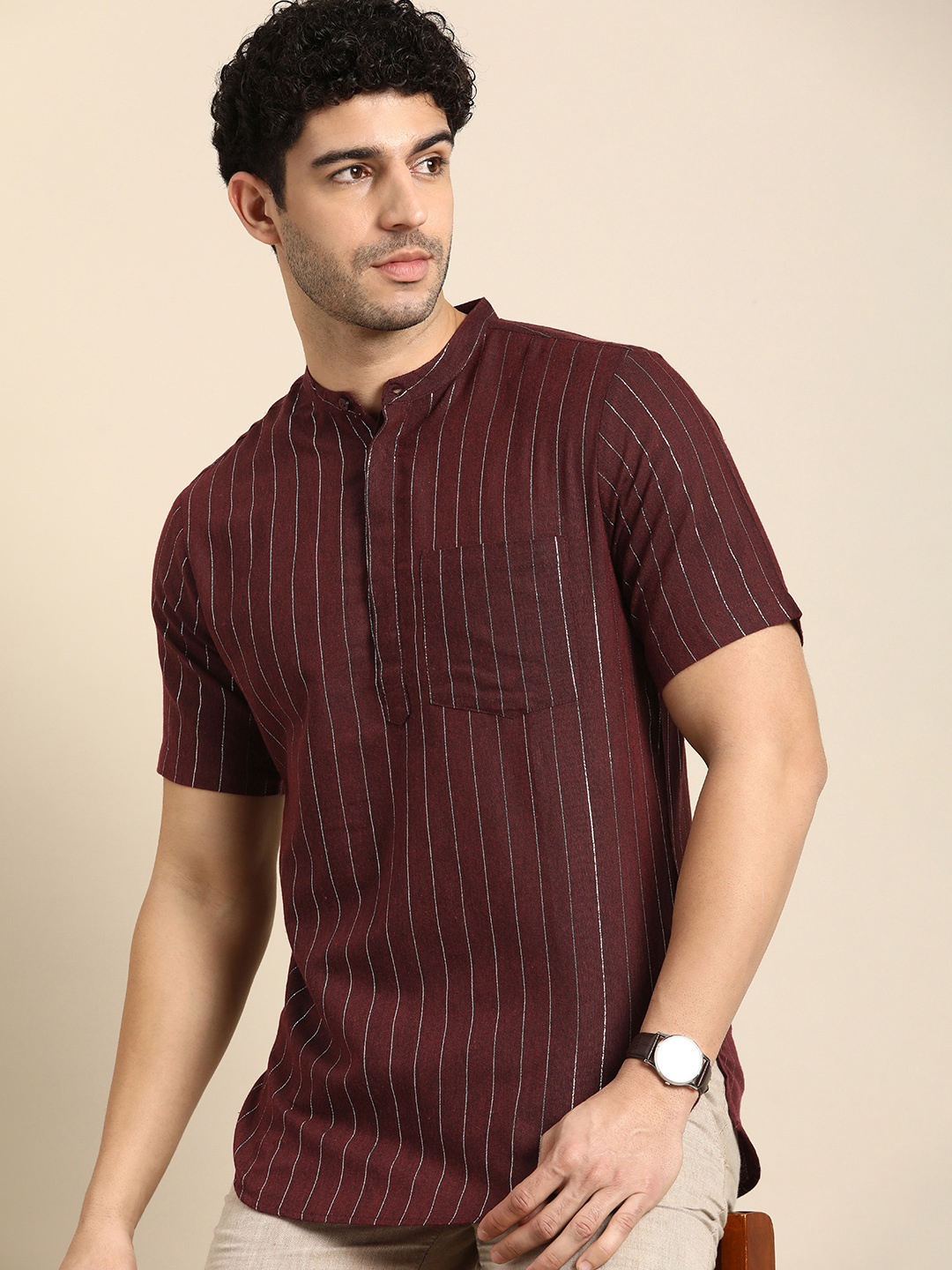 

Anouk Striped Band-Collar Short Kurta, Maroon