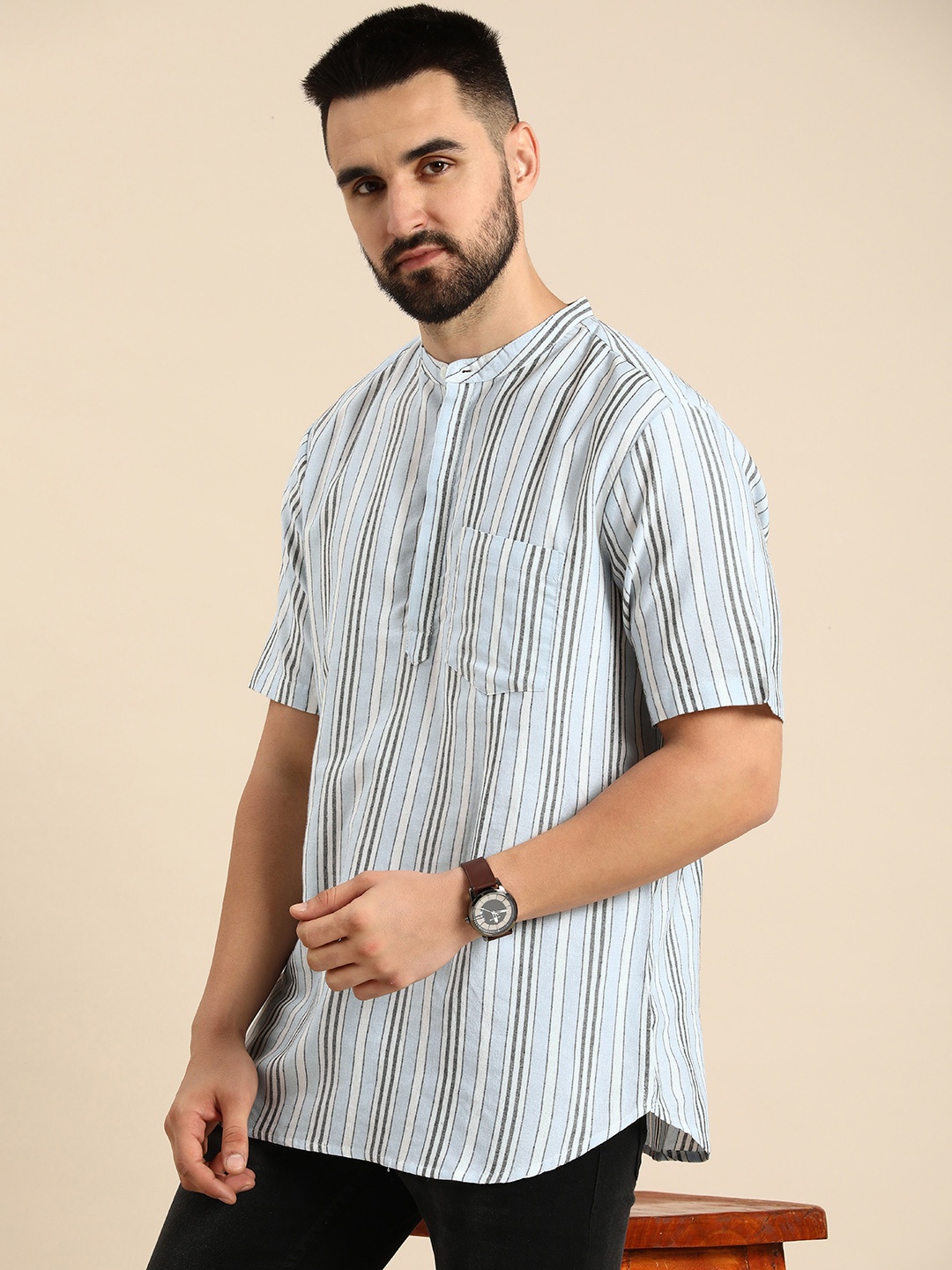 

Anouk Band Collar Striped Casual Kurta, Blue