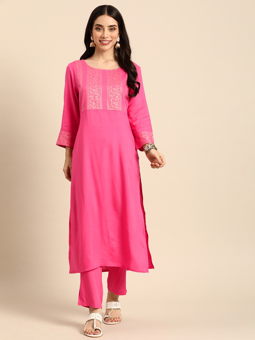 

Anouk Women Floral Yoke Design Regular Kurta With Trousers, Pink