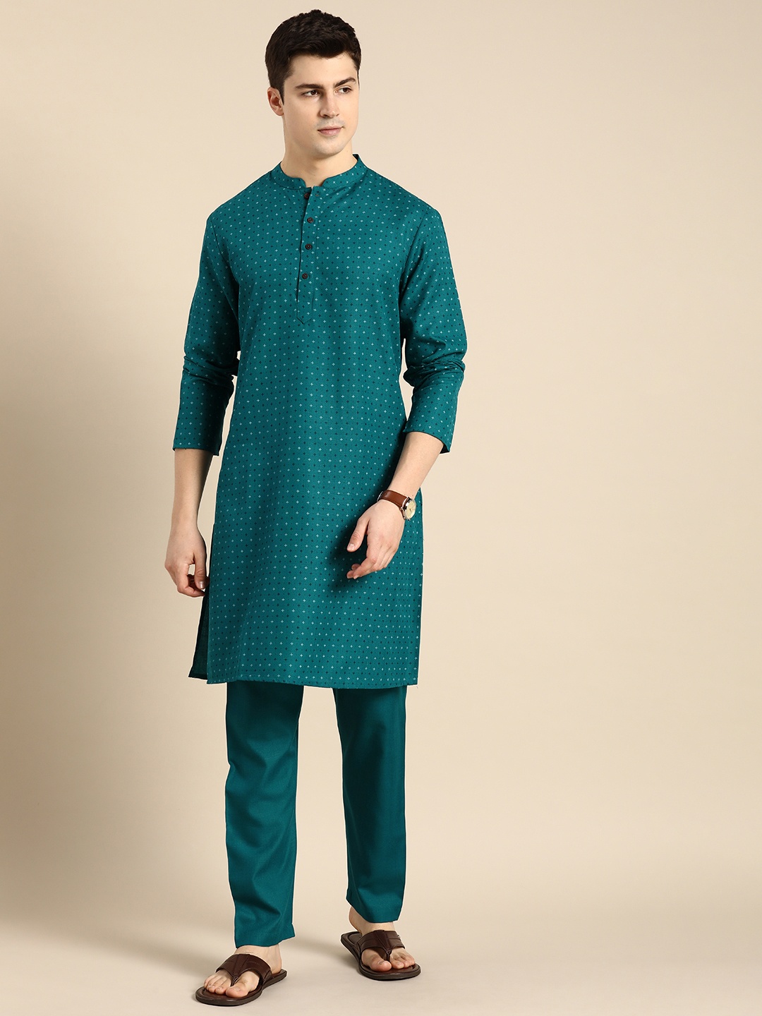 

Anouk Men Geometric Printed Regular Kurta with Trousers, Teal