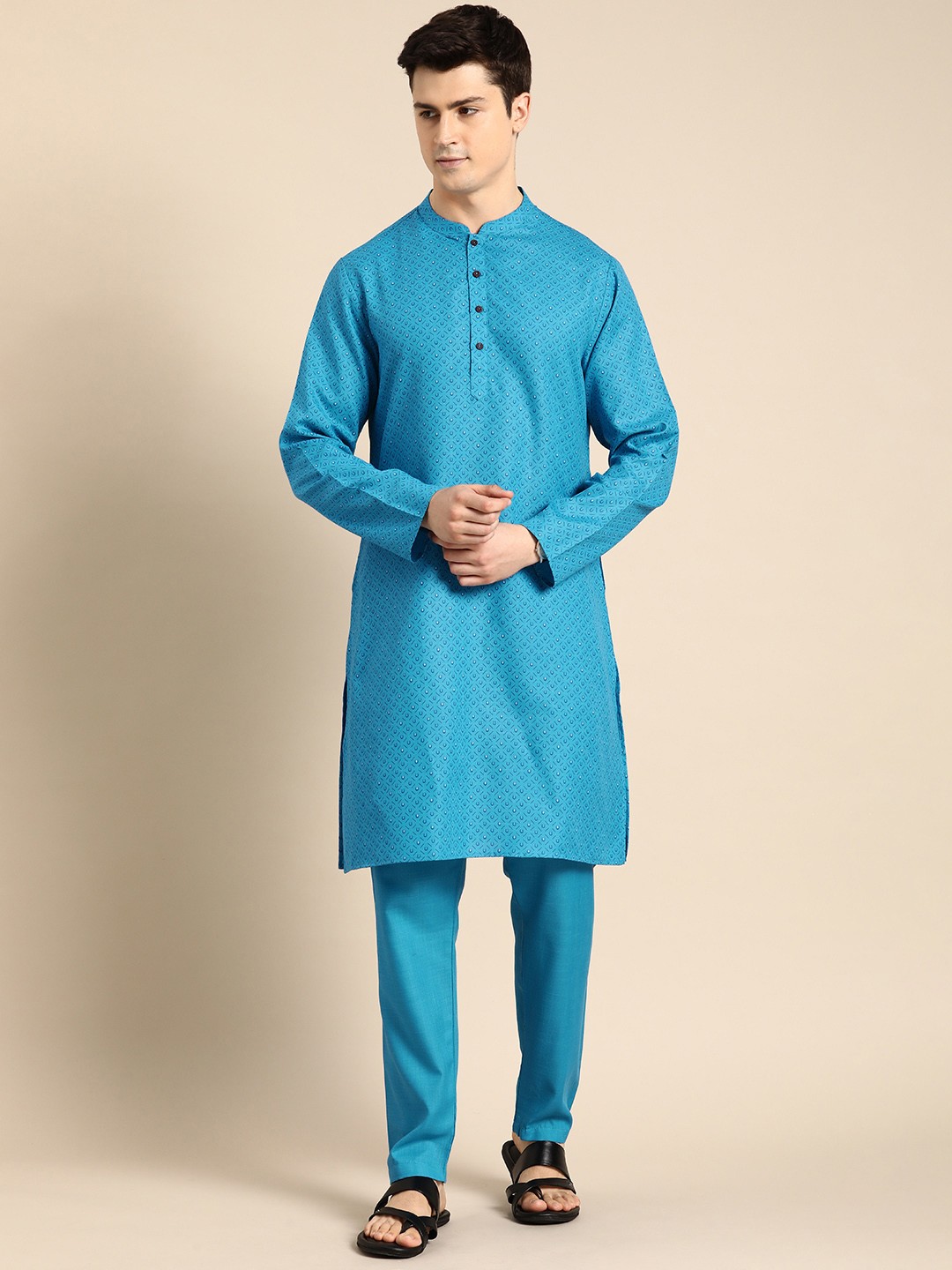

Anouk Printed Band Collar Kurta with Trousers, Blue