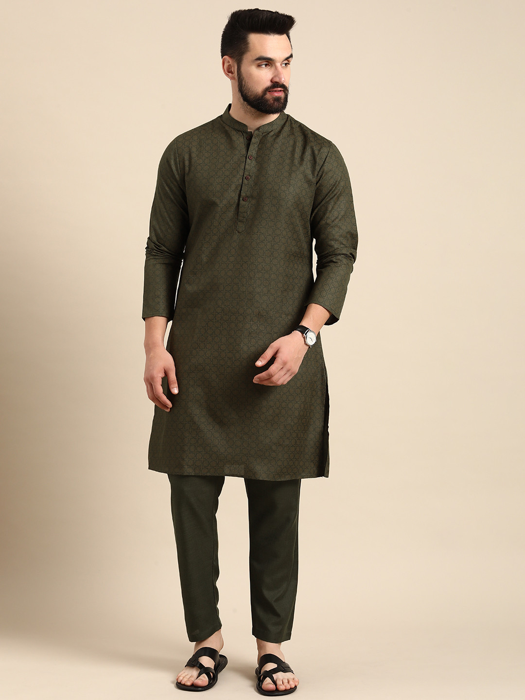 

Anouk Men Woven Design Regular Kurta With Trousers, Olive
