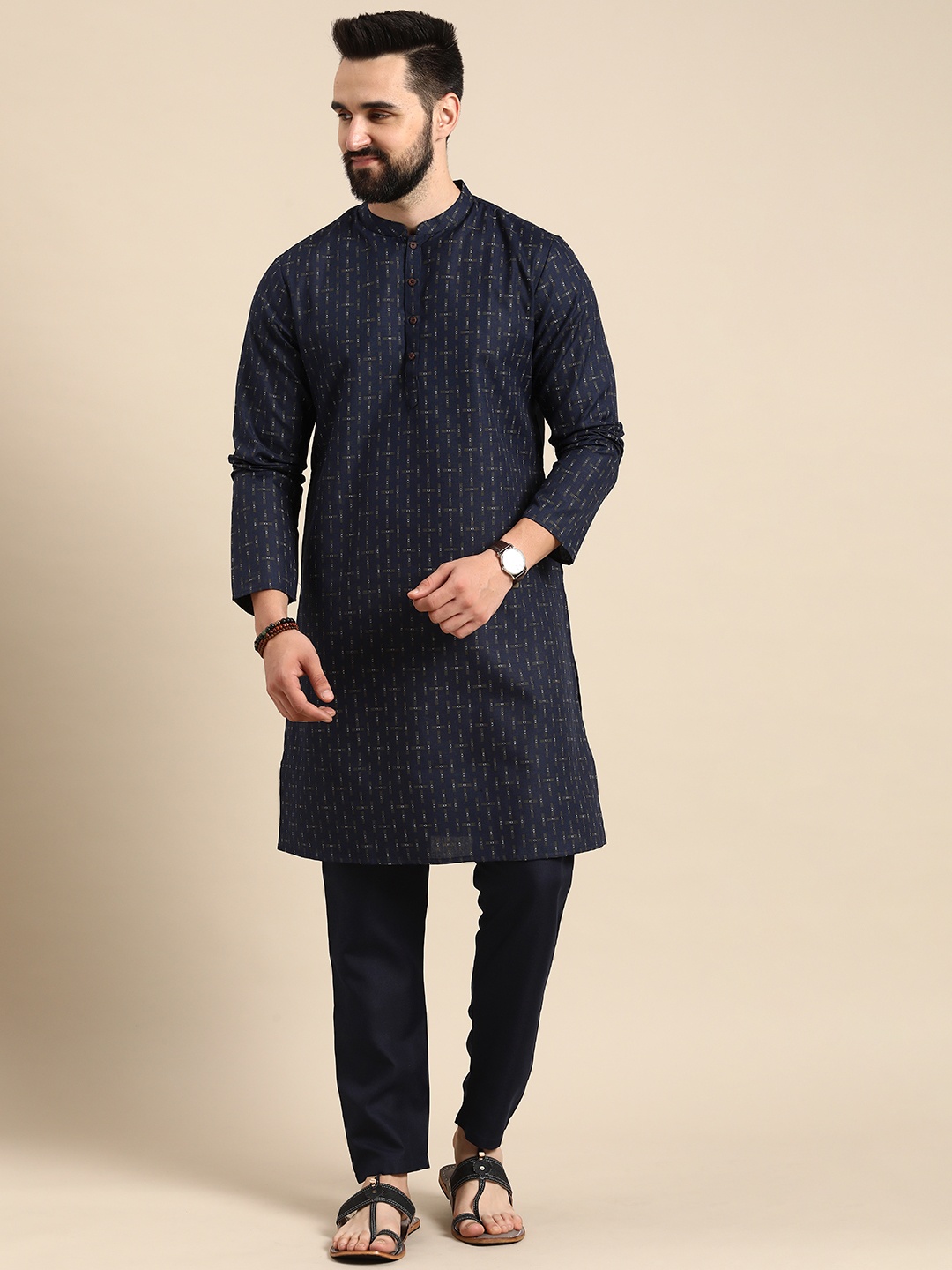 

Anouk Men Printed Regular Kurta With Trousers, Navy blue