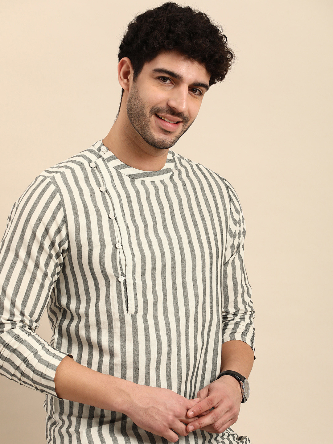 

Anouk Striped Angrakha Short Kurta, Black
