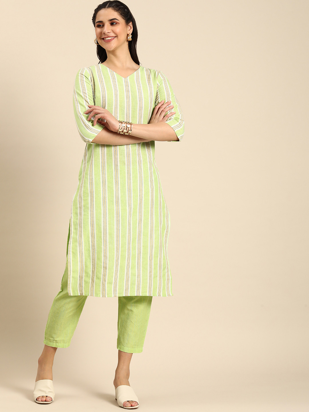 

Anouk Women Striped Regular Kurta With Trousers, Green
