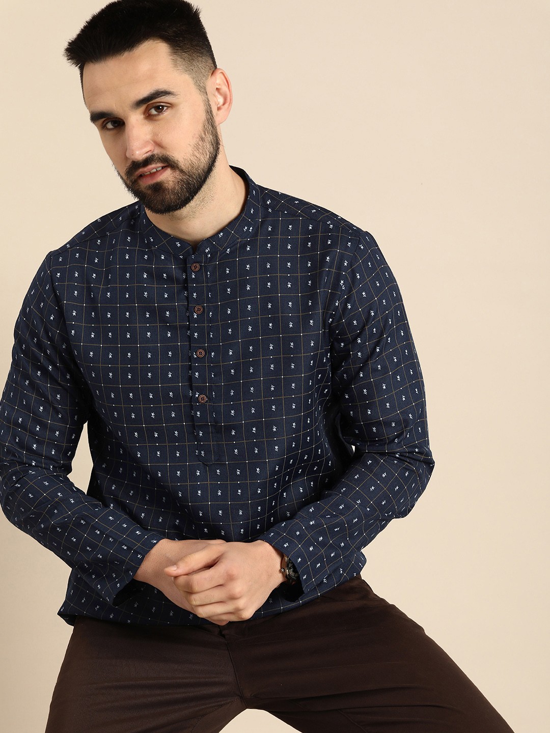 

Anouk Mandarin Collar Floral Printed Checked Kurta, Navy blue