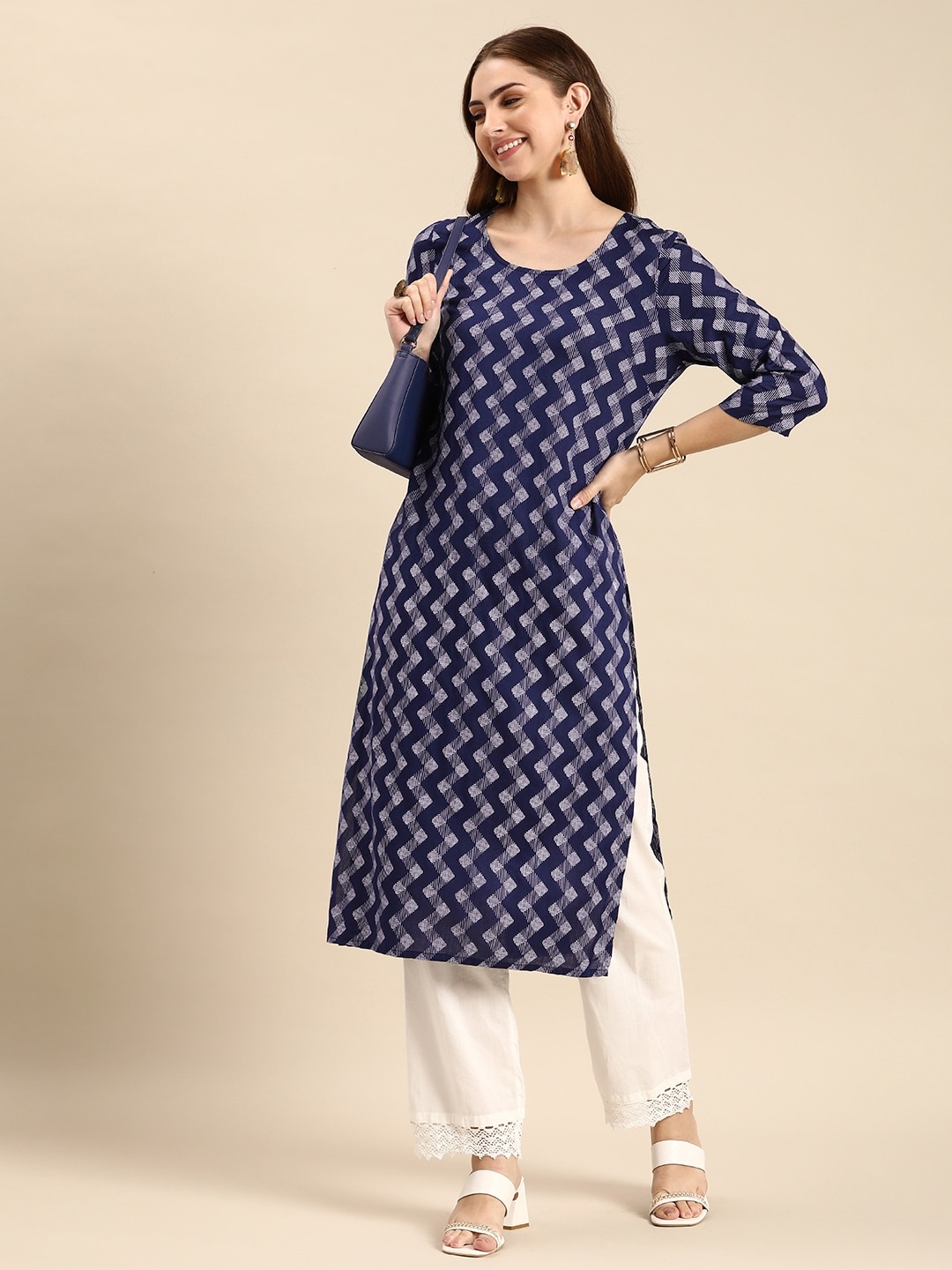 

Anouk Chevron Printed Kurta, Navy blue
