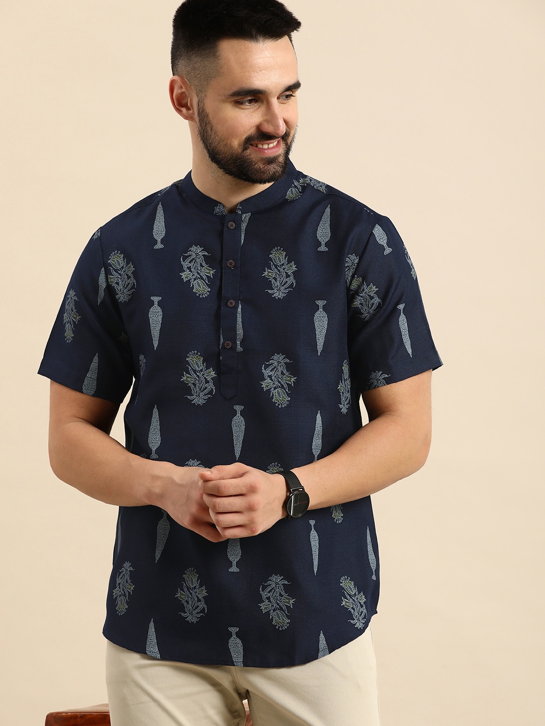 

Anouk Mandarin Collar Ethnic Motifs Printed Short Kurta, Navy blue