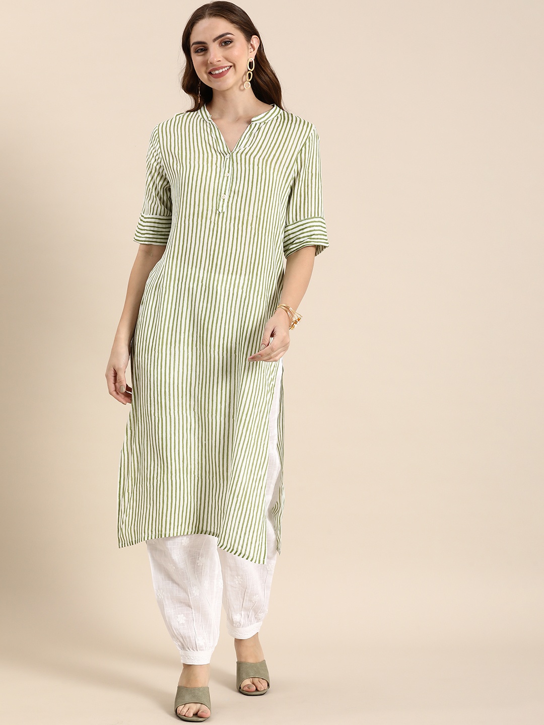 

Anouk Striped Straight Kurta, Green