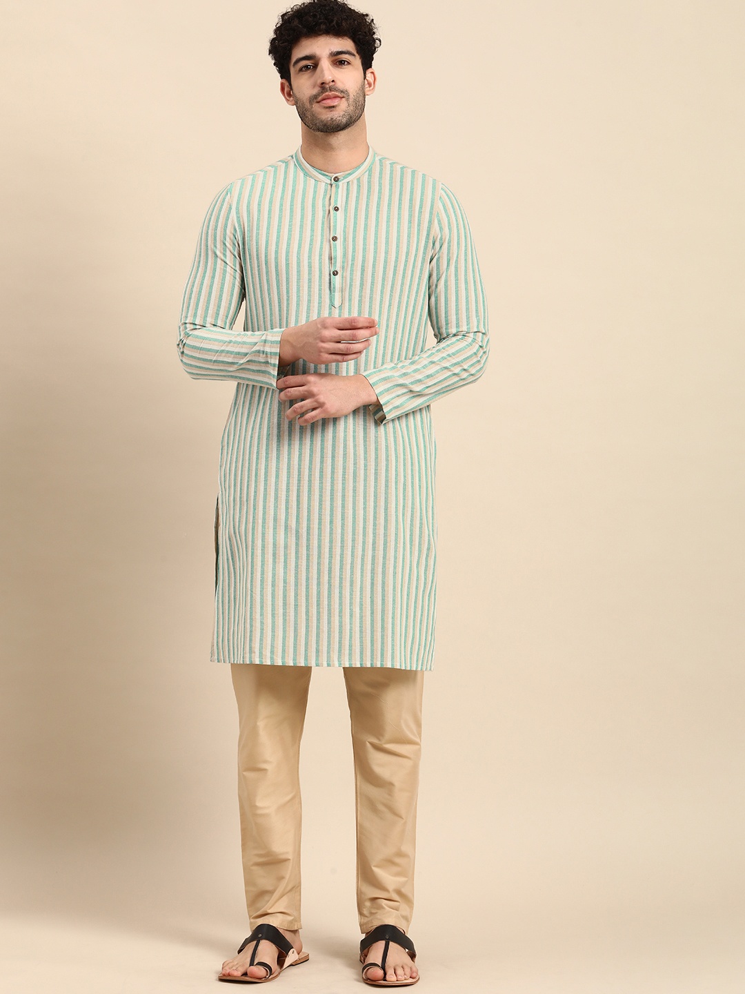 

Anouk Multi Or Variegated Stripes Band Collar Straight Kurta, Sea green