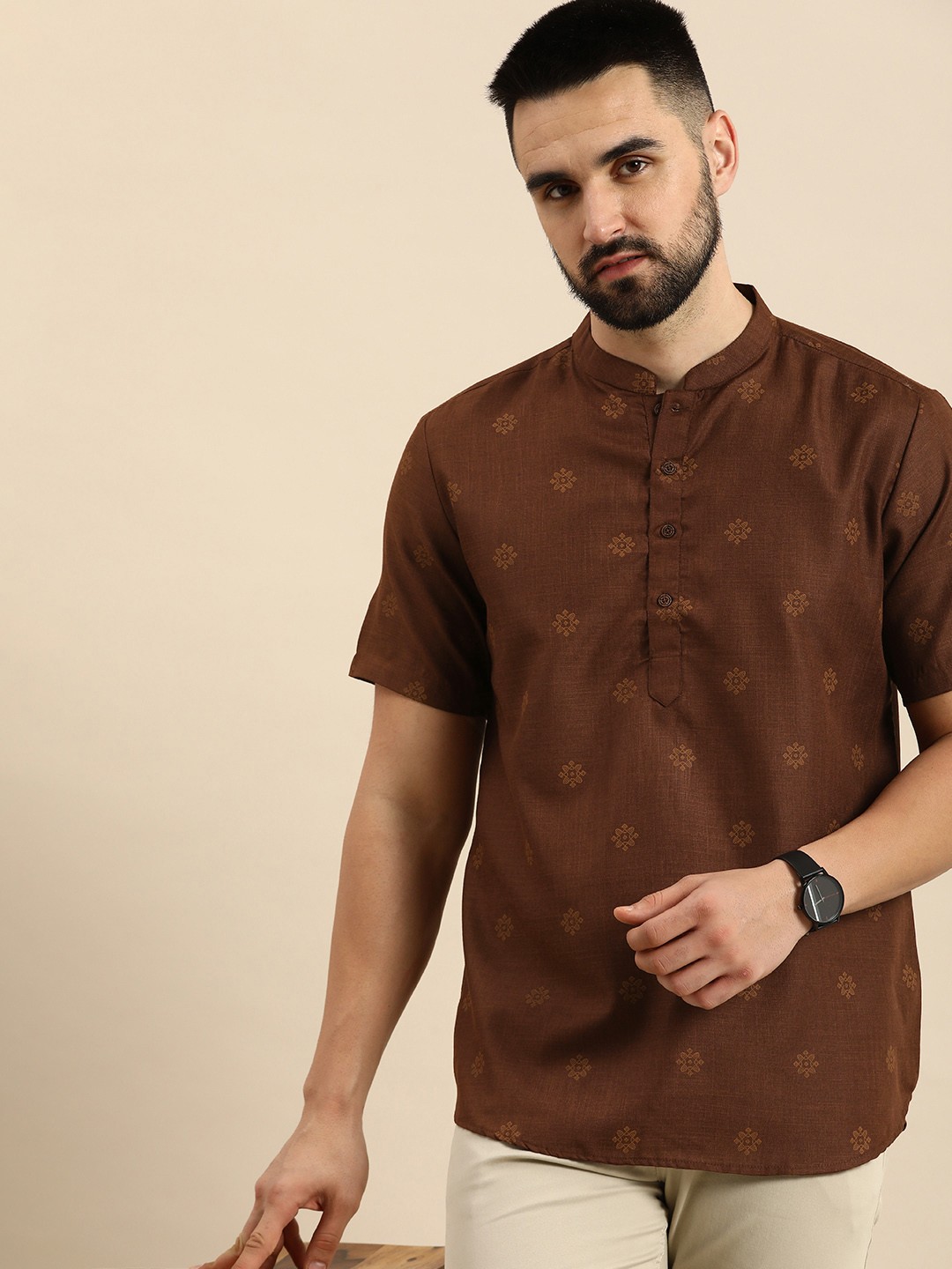 

Anouk Mandarin Collar Ethnic Motifs Printed Short Kurta, Coffee brown
