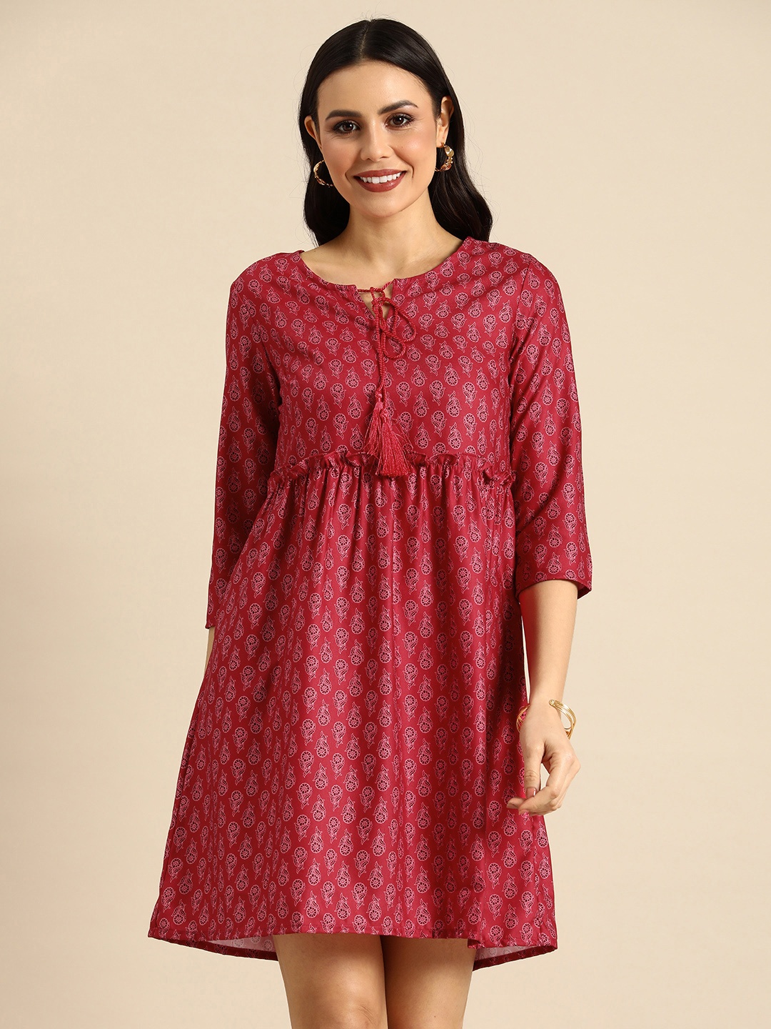 

Anouk Fuchsia Floral Printed Tie-Up Neck Ruffled Fit & Flare Dress