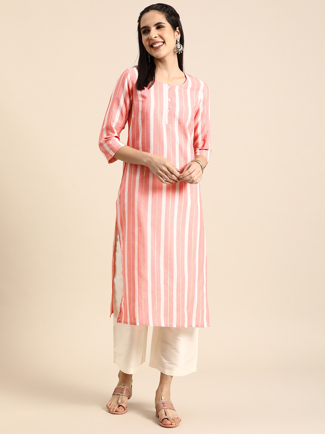

Anouk Women Striped Round Neck Straight Kurta, Pink