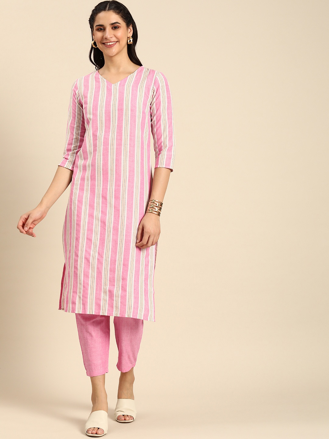 

Anouk Women Striped Regular Kurta With Trousers, Pink
