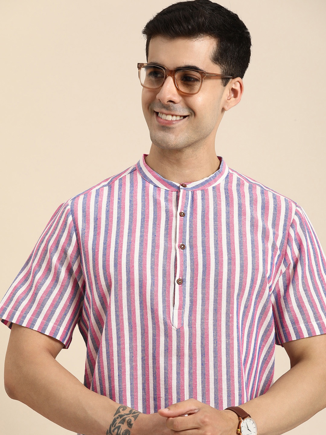

Anouk Men Striped Band Collar Straight Kurta, Pink