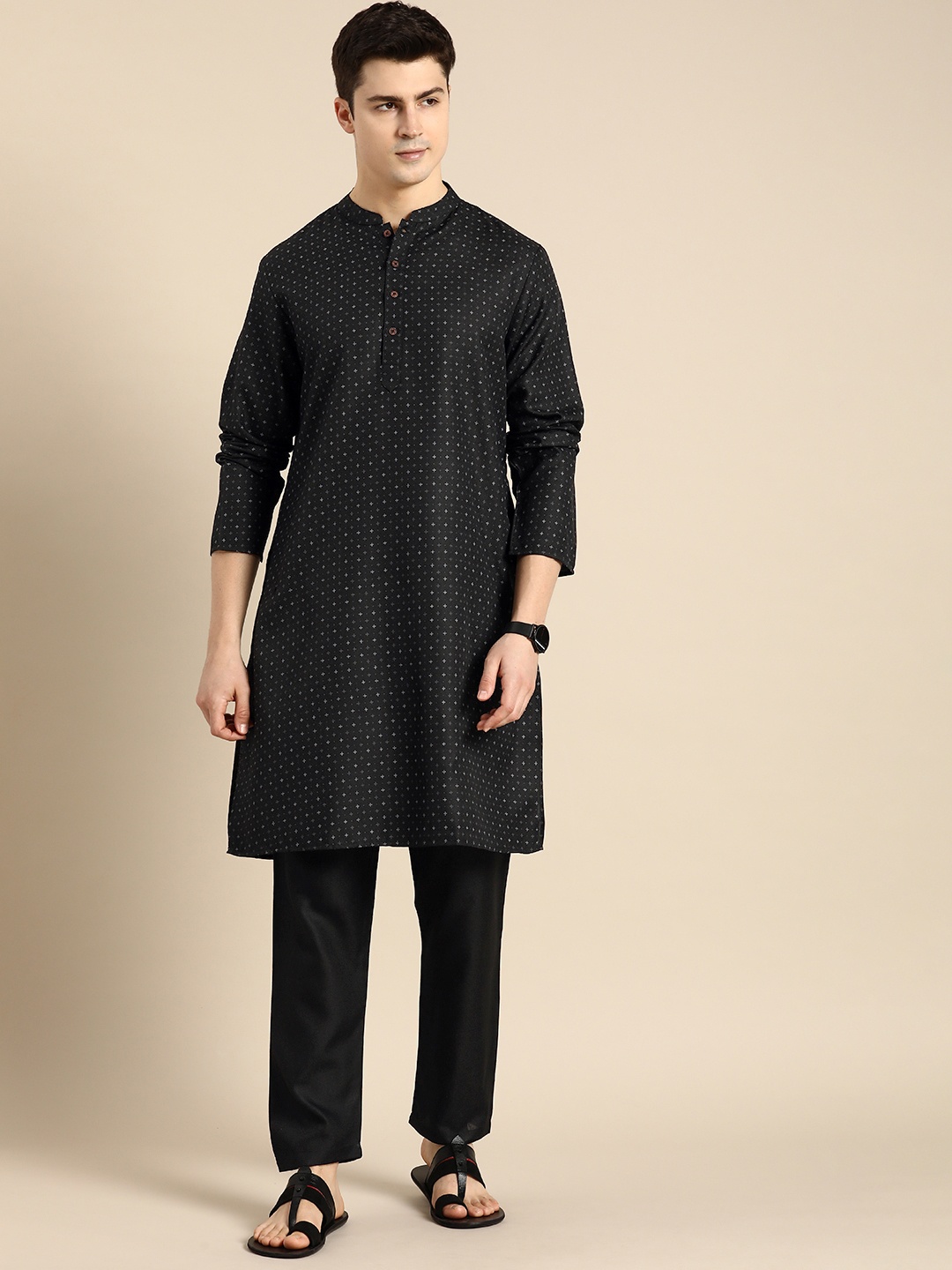 

Anouk Men Geometric Printed Regular Kurta with Trousers, Black