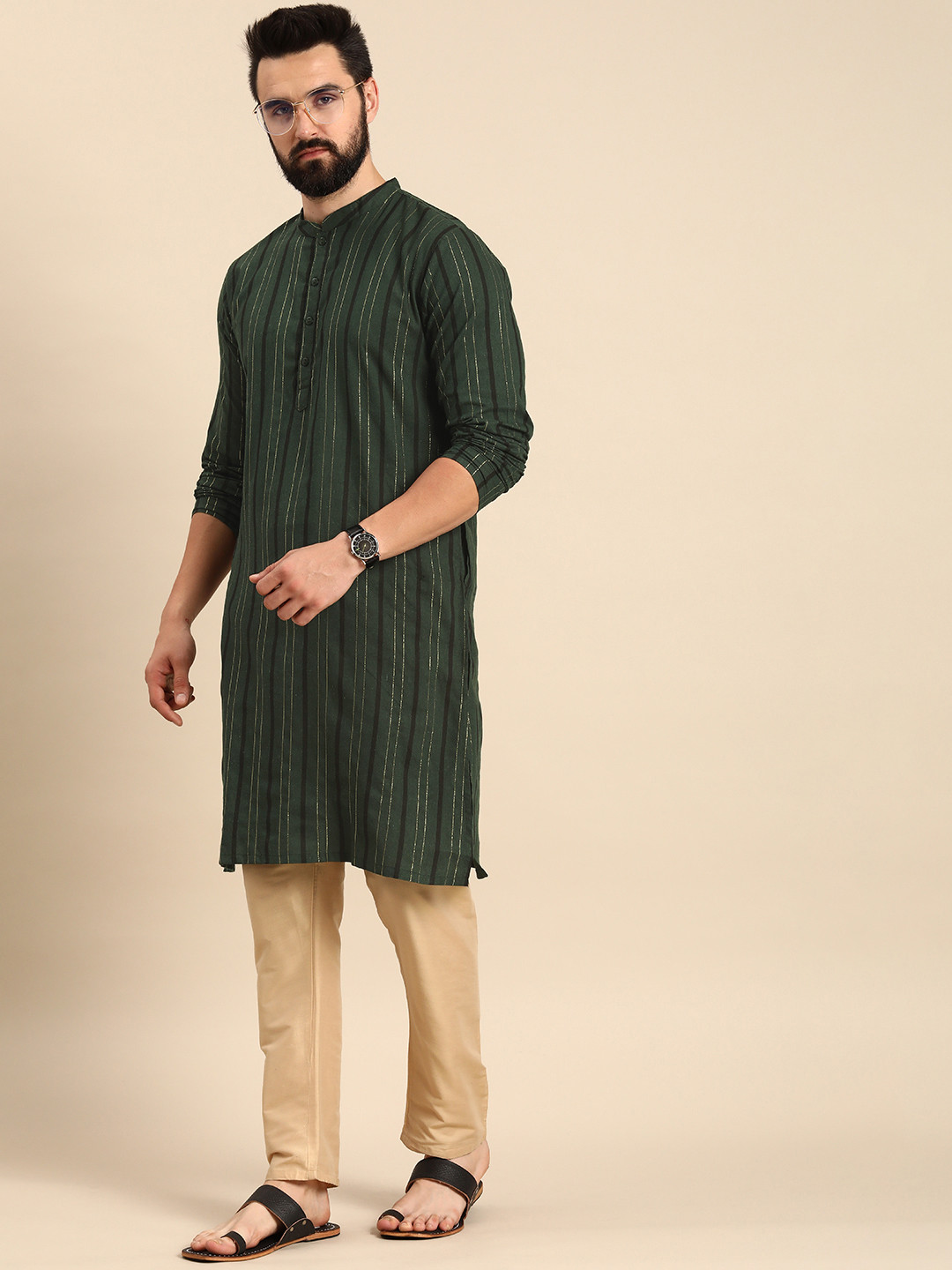 

Anouk Striped Mandarin-Collar Straight Kurta, Green