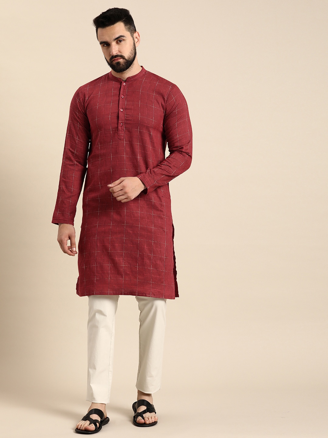 

Anouk Men Checked Straight Kurta, Maroon