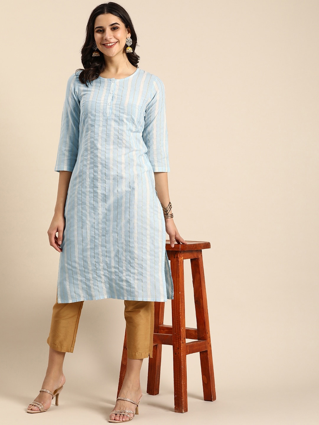 

Anouk Women Striped Round Neck Straight Kurta, Blue