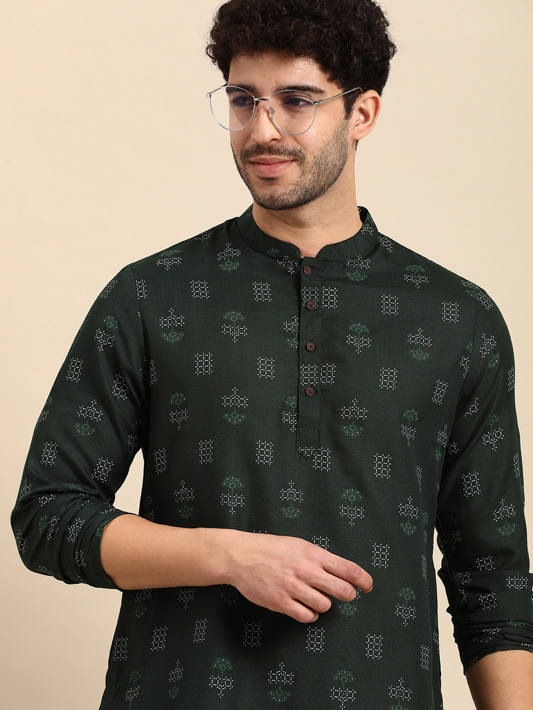 

Anouk Ethnic Motifs Print Mandarin Collar Straight Kurta, Green