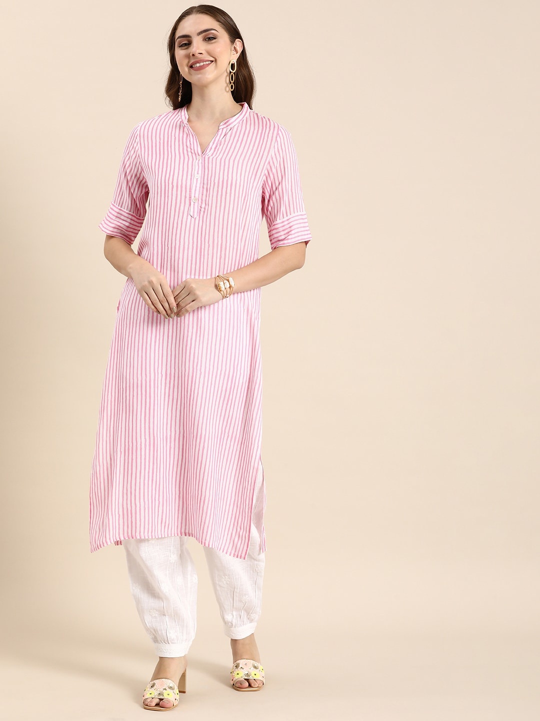 

Anouk Striped Straight Kurta, Pink