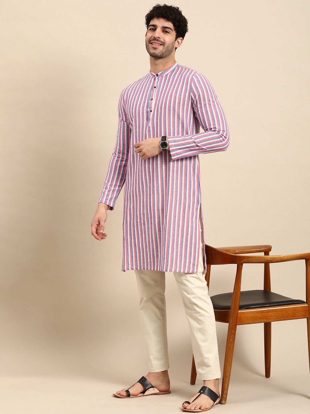 

Anouk Multi Or Variegated Stripes Band Collar Pastels Straight Kurta, Blue