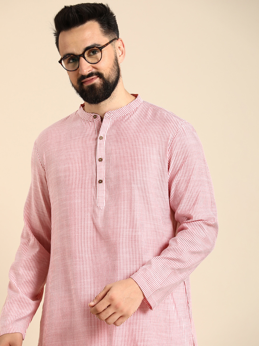 

Anouk Striped Band Collar Kurta, Red