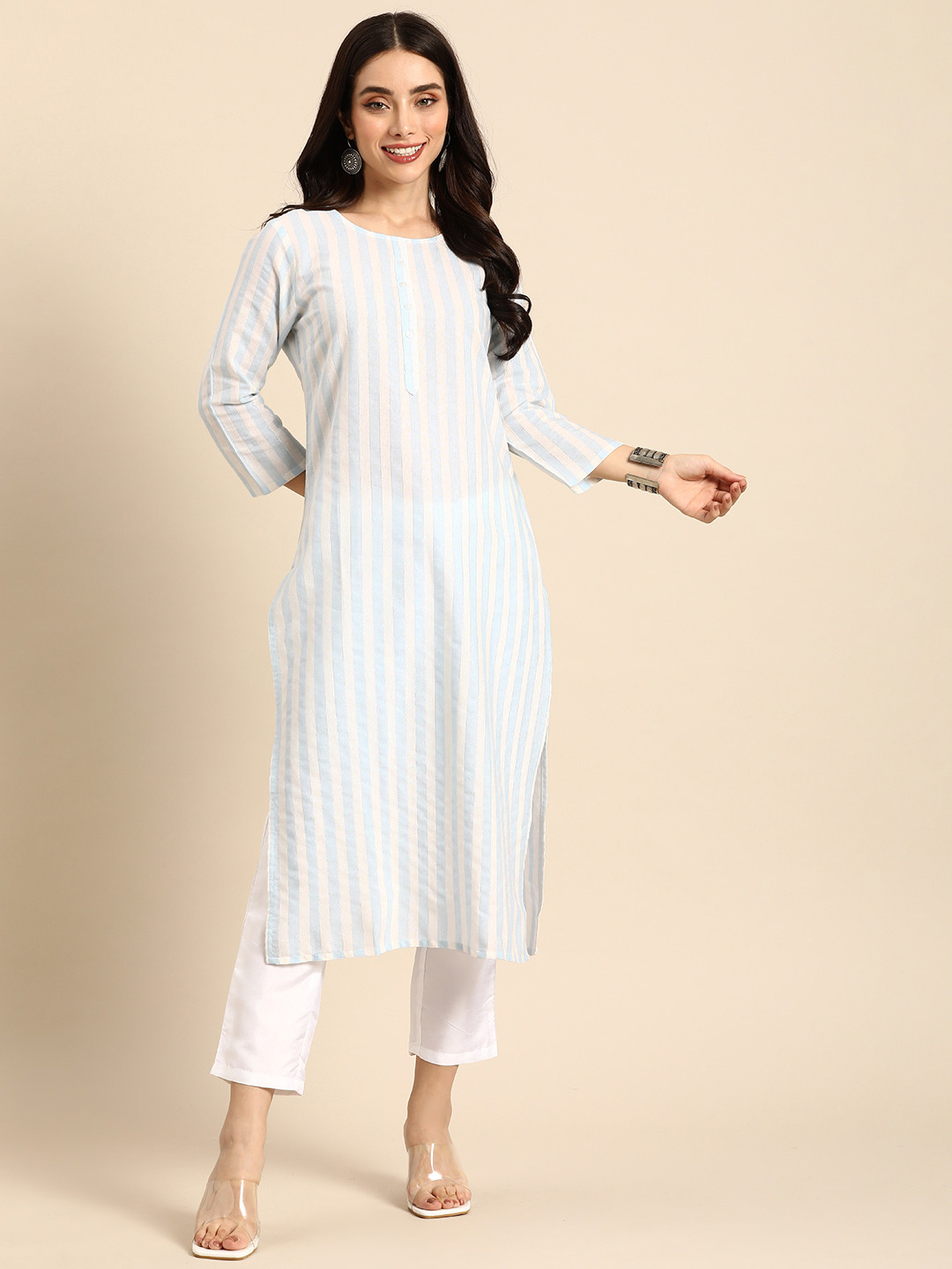

Anouk Round Neck Striped Kurta, Blue