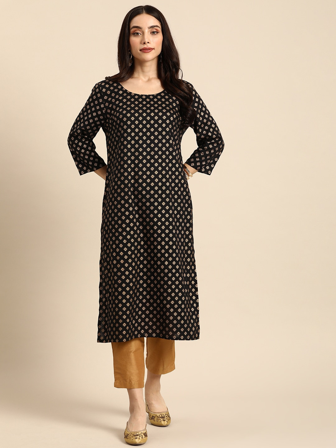 

Anouk Round Neck Geometric Printed Kurta, Black