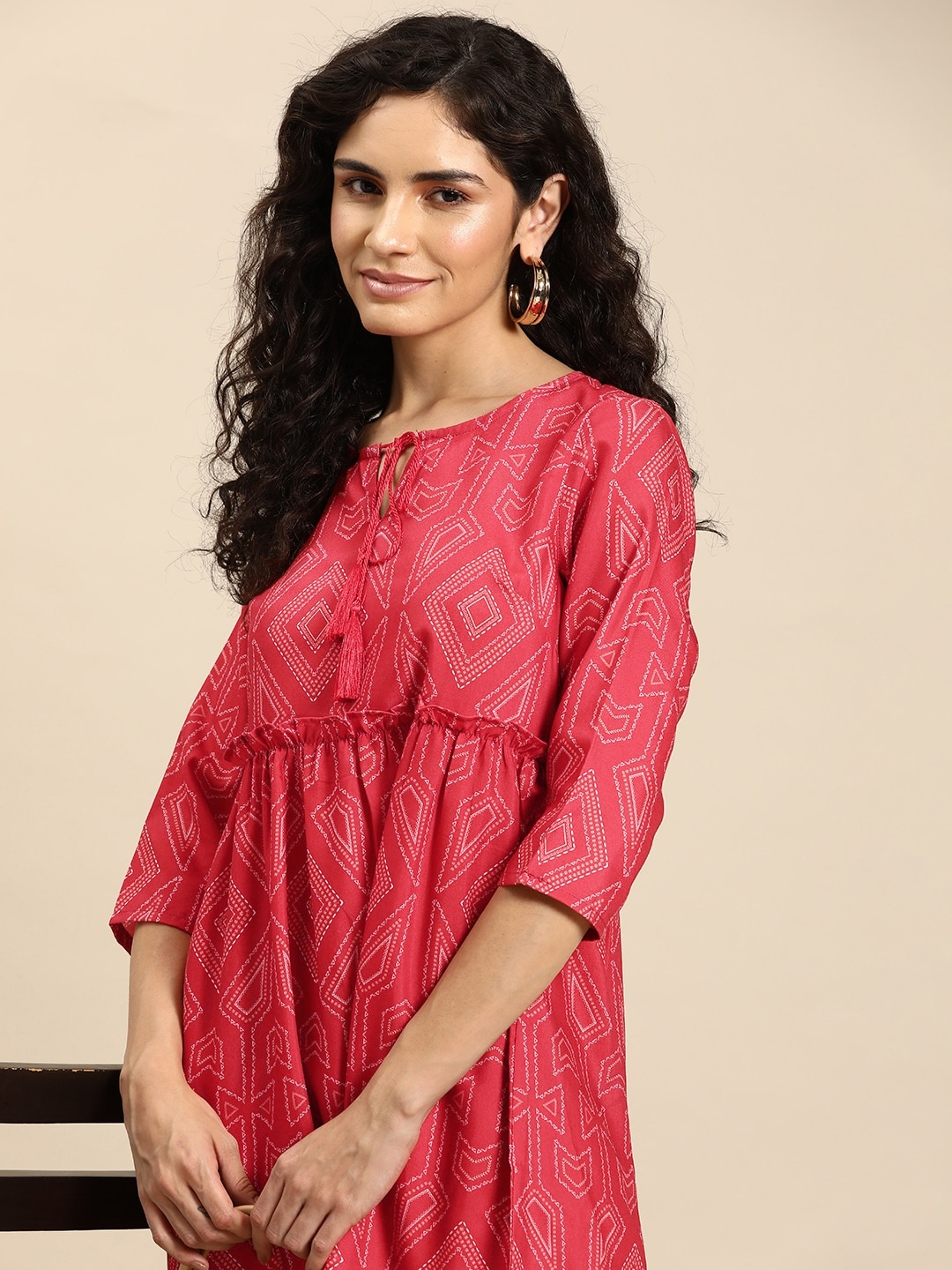

Anouk Geometric Print Tie-Up Neck Ruffle Detail A-Line Dress, Red