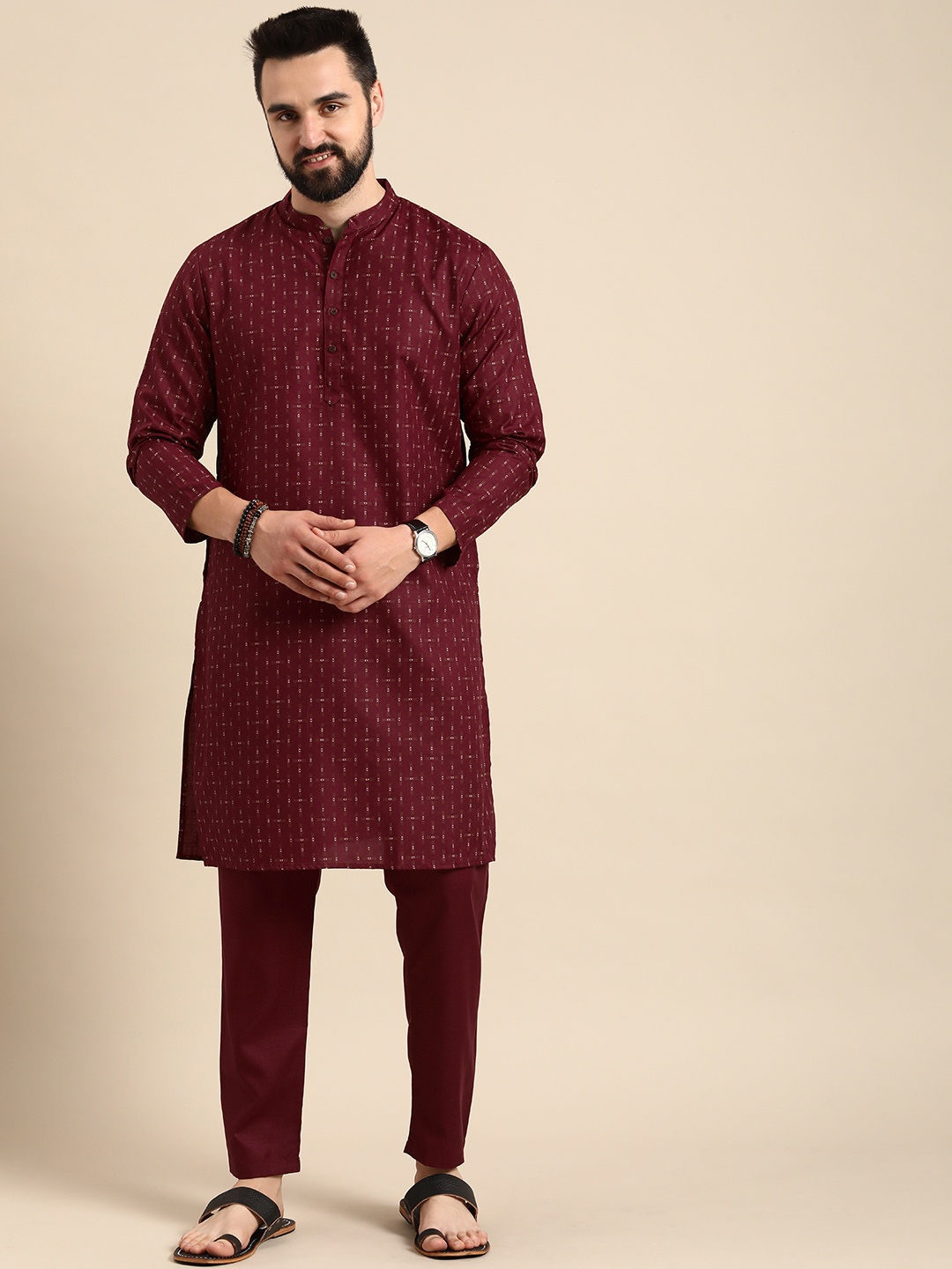 

Anouk Geometric Printed Regular Kurta with Trousers, Maroon