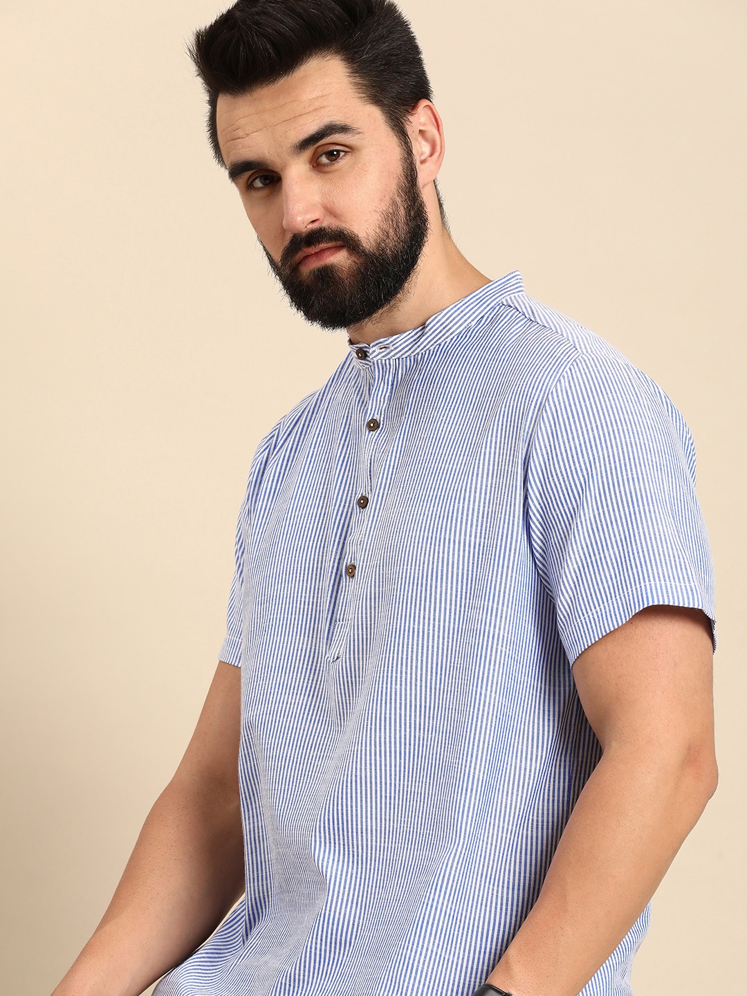

Anouk Striped Band Collar Short Kurta, White