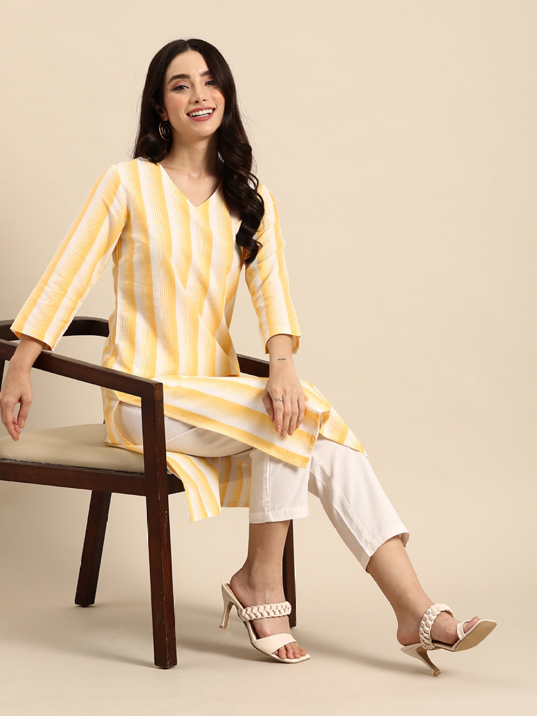 

Anouk Women Striped Kurta with Trousers, Yellow