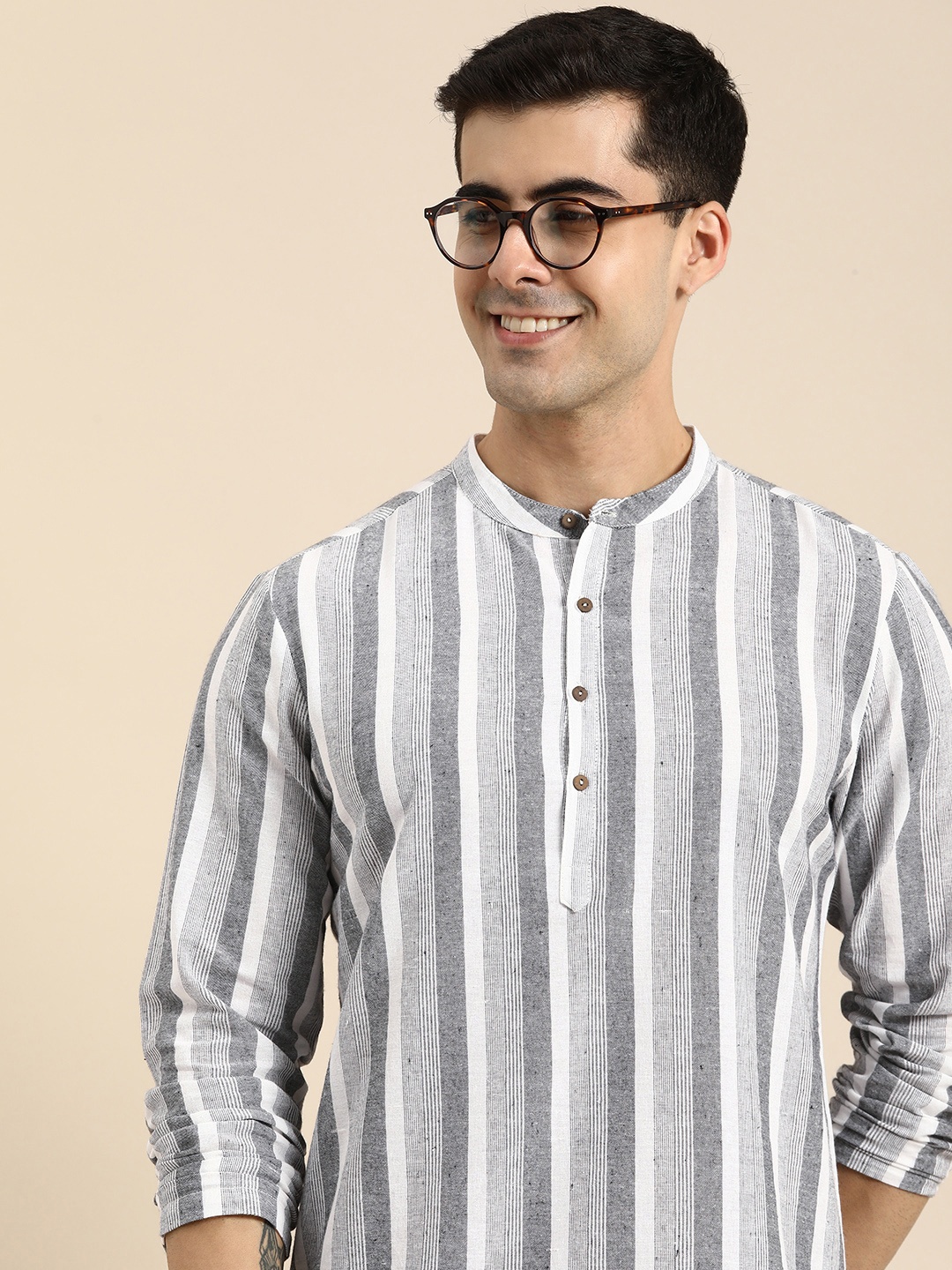 

Anouk Men Striped Band Collar Straight Kurta, Grey