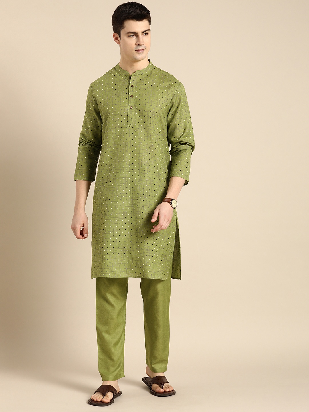 

Anouk Men Geometric Printed Regular Kurta with Trousers, Green