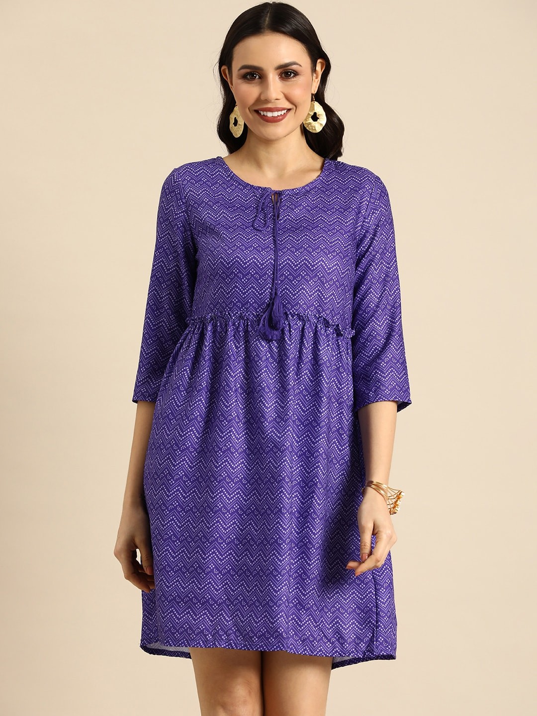 

Anouk Printed Tie-Up Neck Ruffled Fit & Flare Dress, Blue