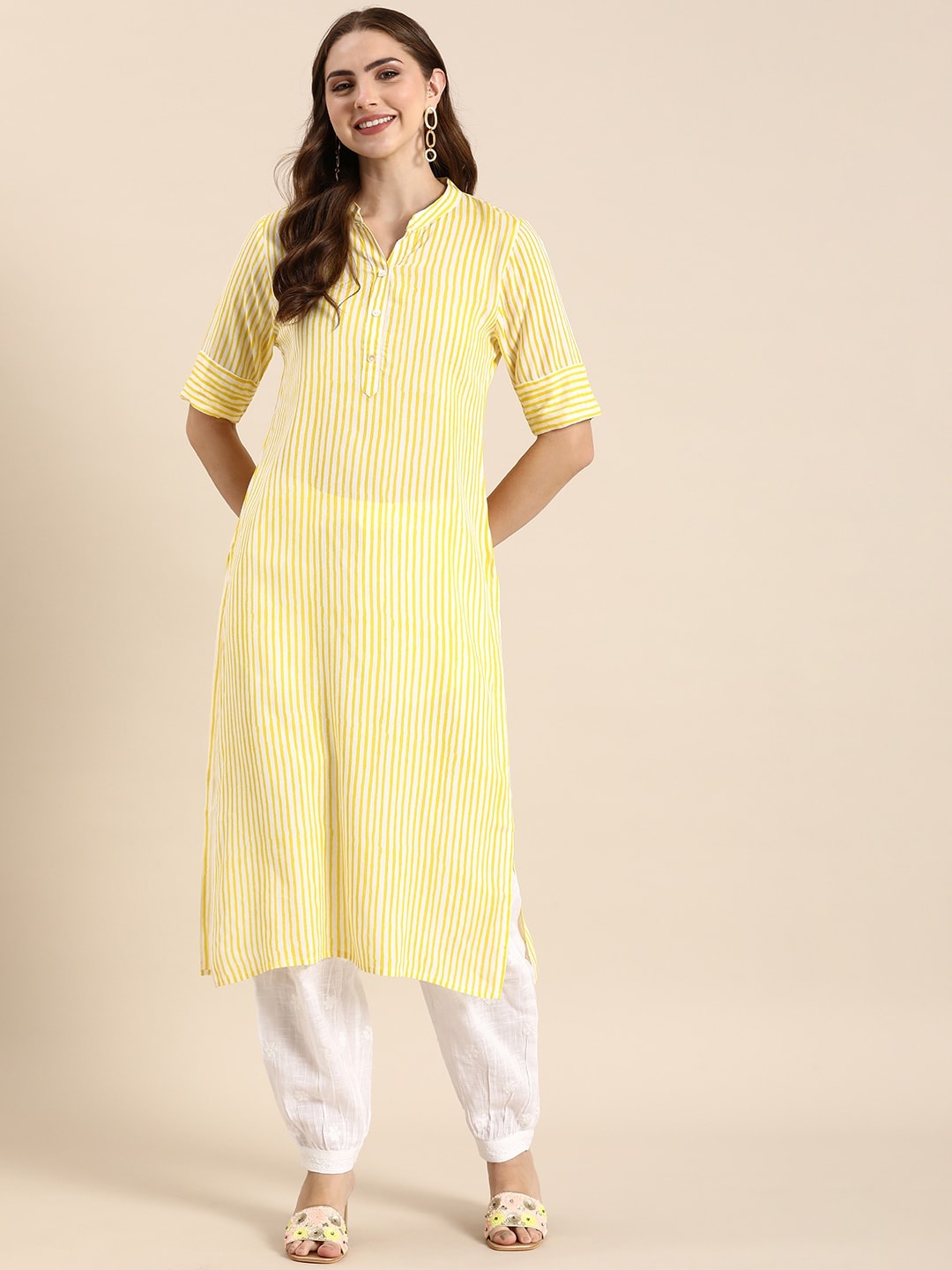 

Anouk Striped Straight Kurta, Yellow