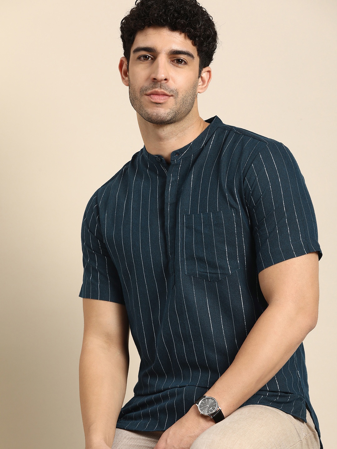 

Anouk Striped Band-Collar Short Kurta, Teal