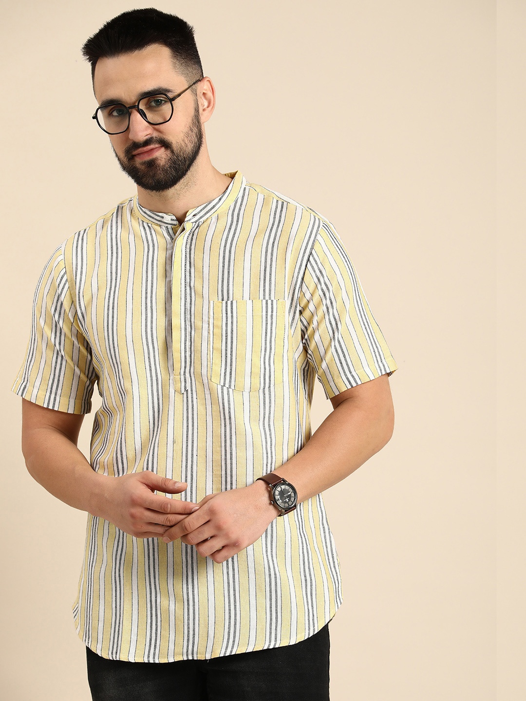 

Anouk Band Collar Striped Casual Kurta, Yellow