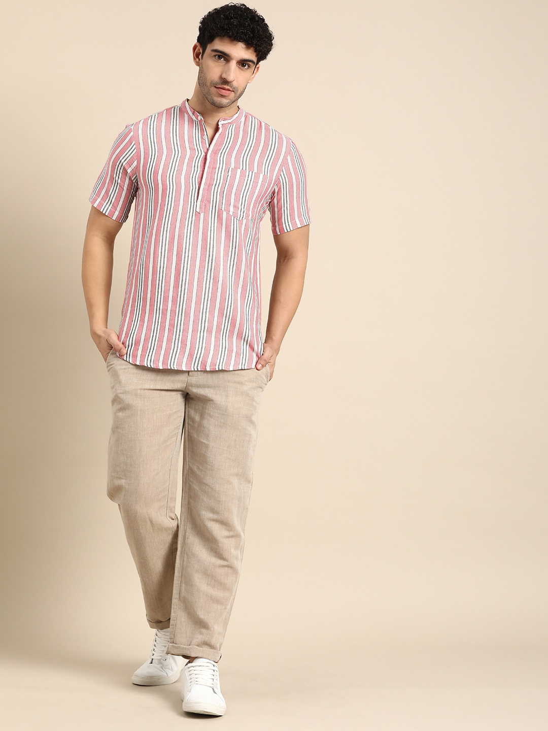 

Anouk Striped Band-Collar Short Kurta, Peach