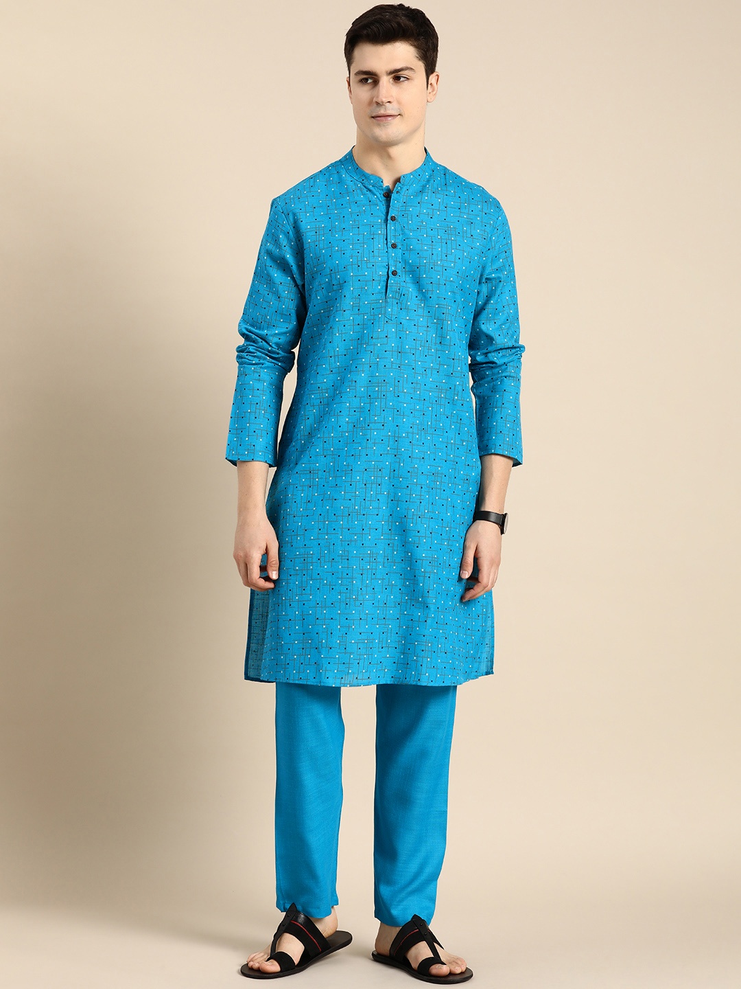 

Anouk Men Geometric Printed Regular Kurta with Trousers, Blue