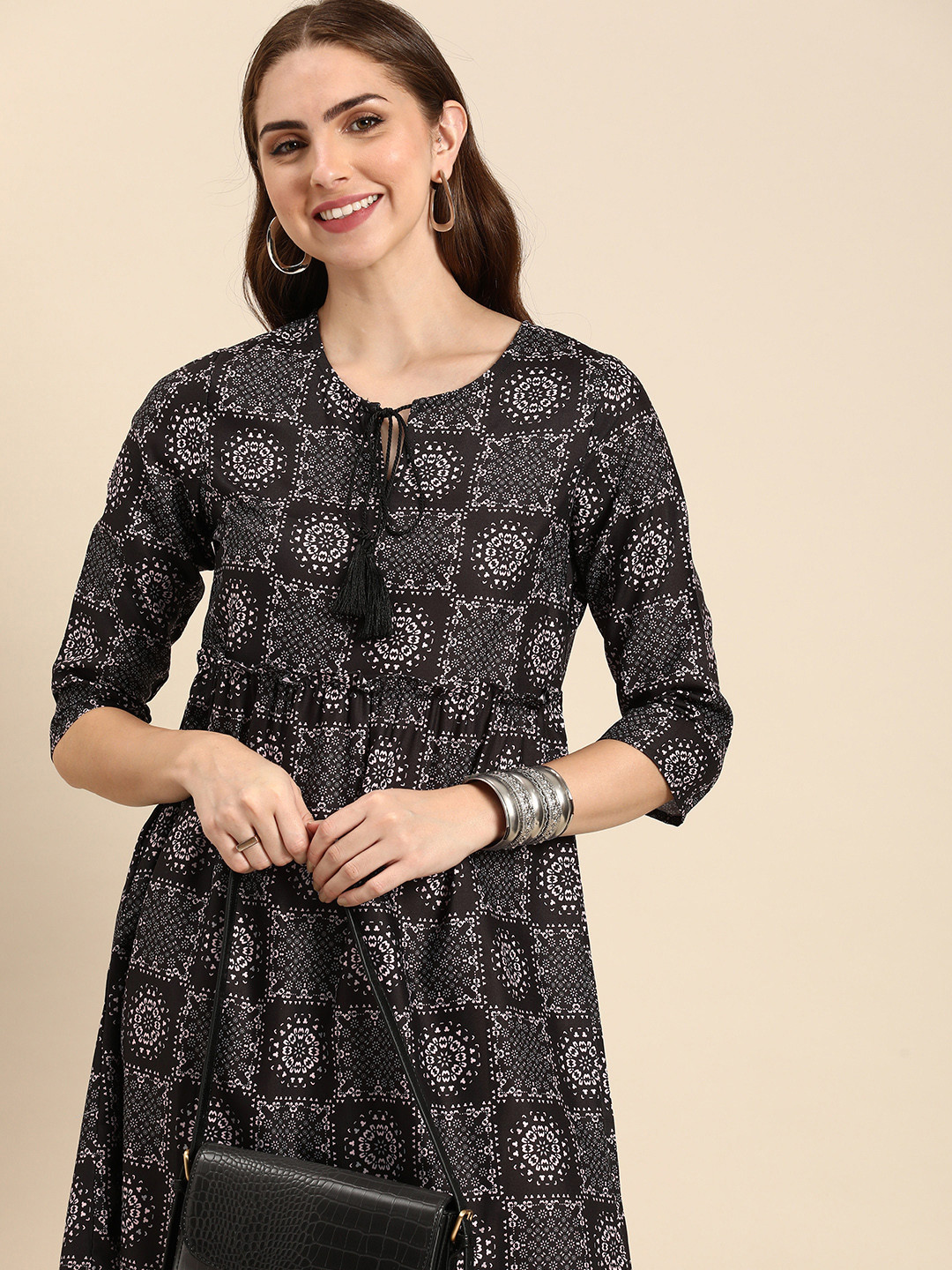 

Anouk Ethnic Motifs Print Tie-Up Neck A-Line Dress, Black