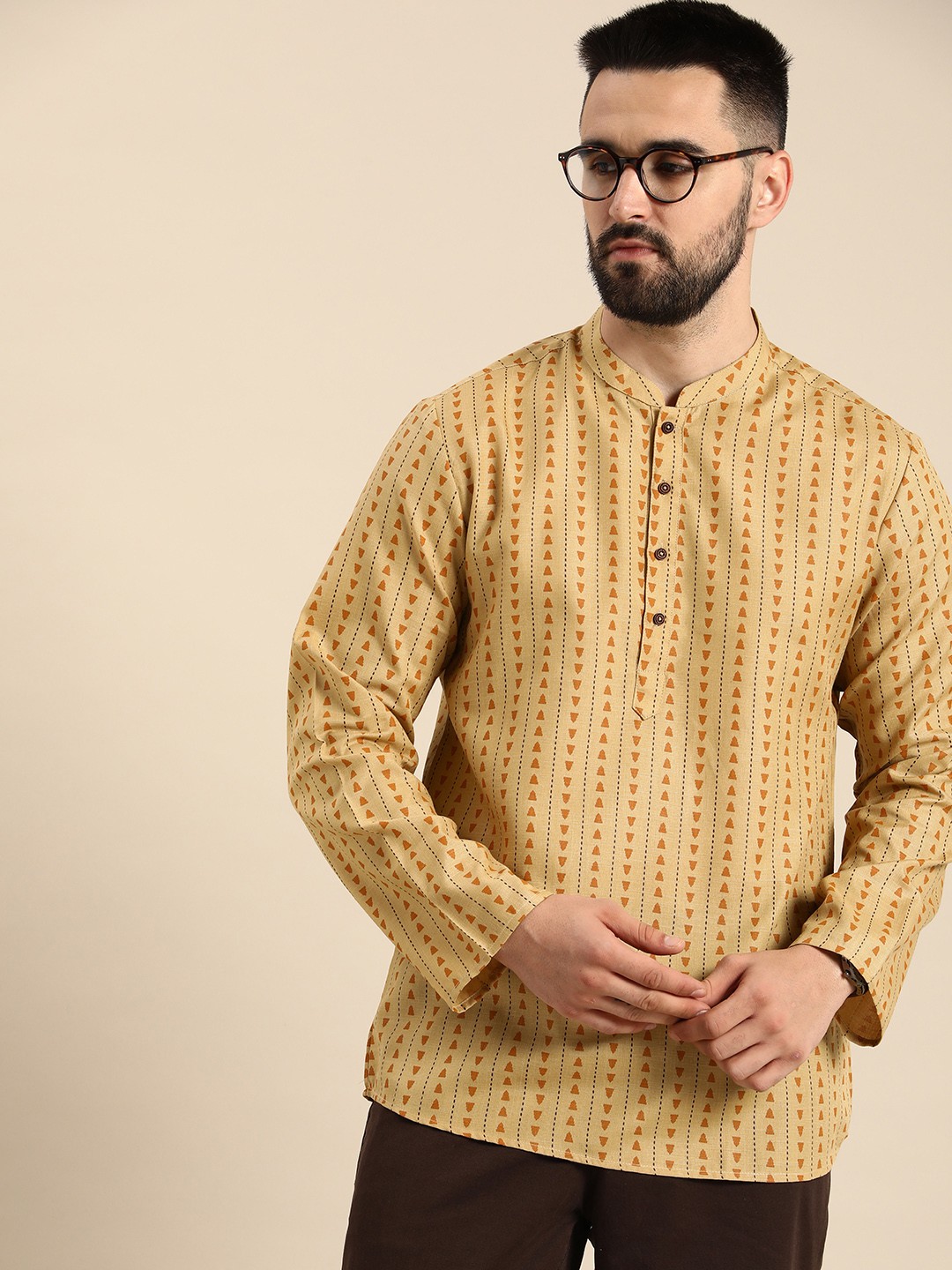

Anouk Mandarin Collar Geometric Printed Striped Kurta, Beige