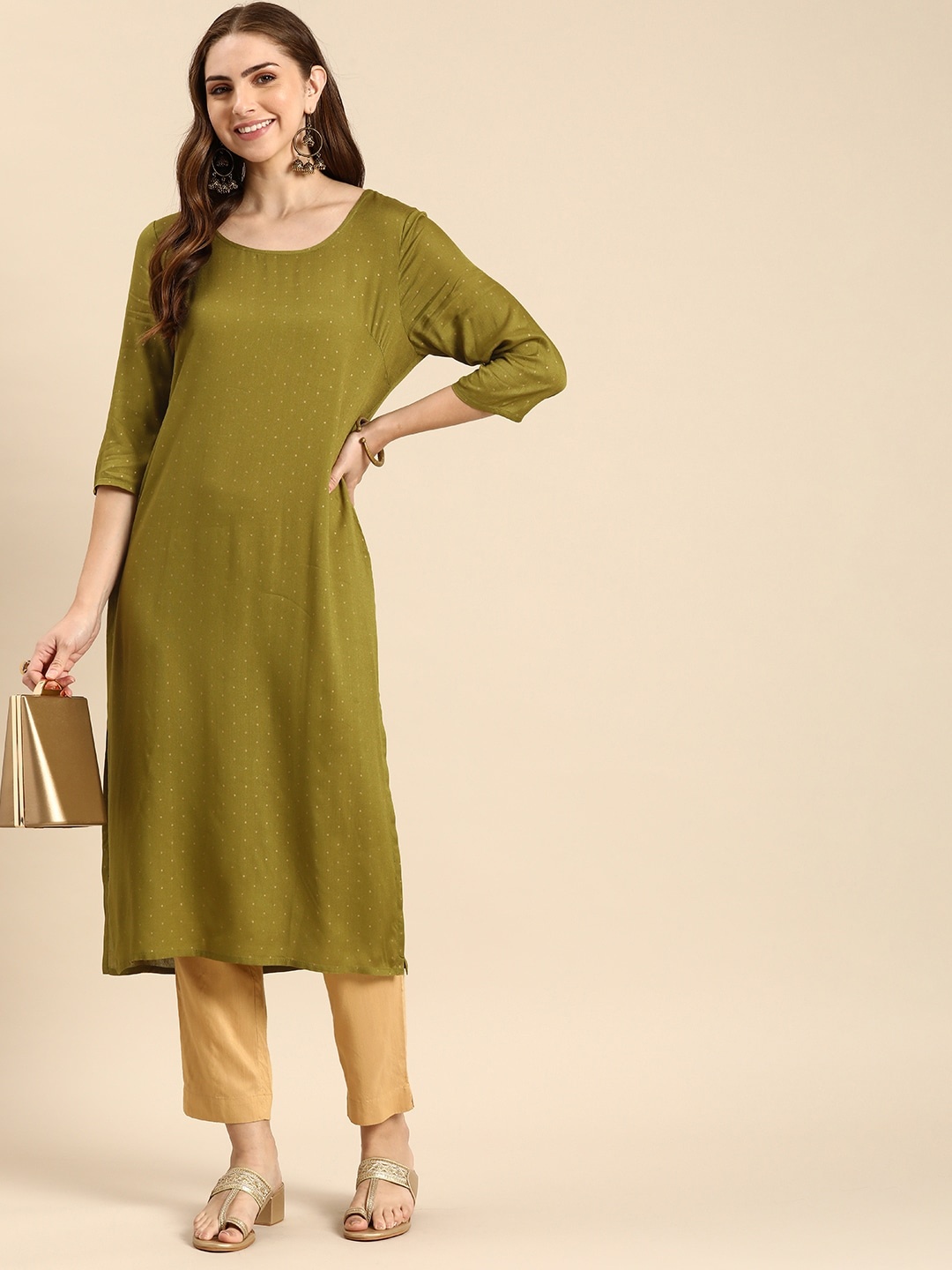 

Anouk Geometric Foil Printed Kurta, Olive