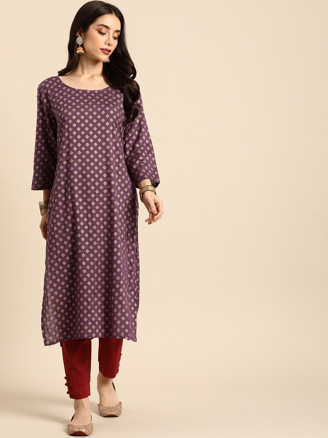 

Anouk Round Neck Geometric Printed Kurta, Purple